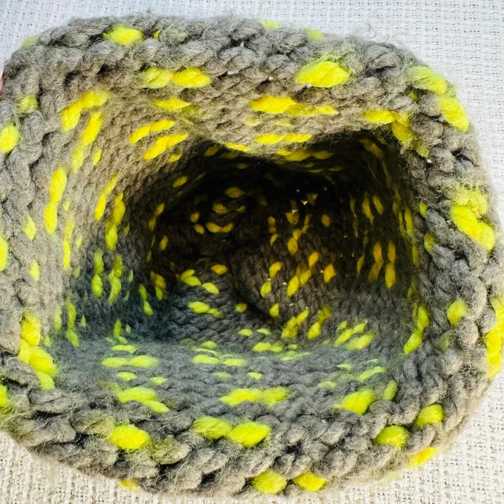 Kids Gray Neon Yellow Knit Beanie Hat Chunky Warm Winter - Homemade, Cozy‎